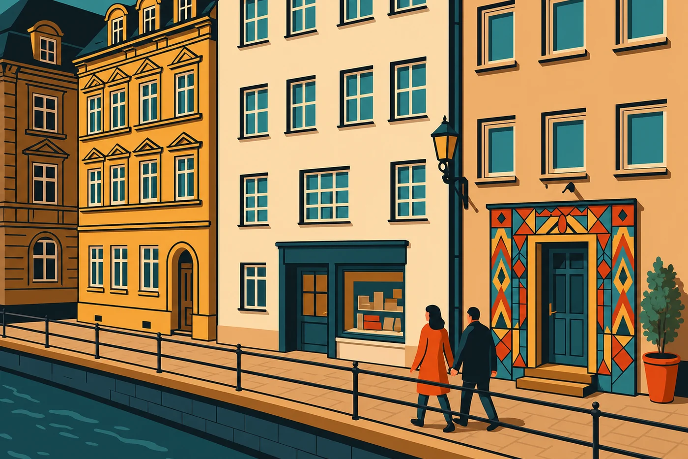 Illustration einer Häuserzeile am Lechkanal in der Augsburger Altstadt