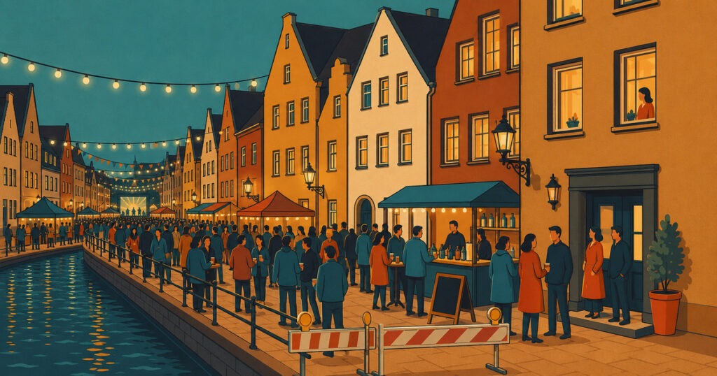 Illustration eines dicht besuchten Veranstaltungsbereichs mit Ständen und gesperrter Zufahrt im Augsburger Lechviertel