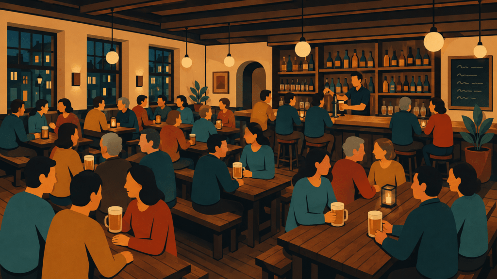 Illustration einer belebten Altstadt-Kneipe am Abend, in der viele Menschen an langen Tischreihen gemeinsam sitzen und sich unterhalten